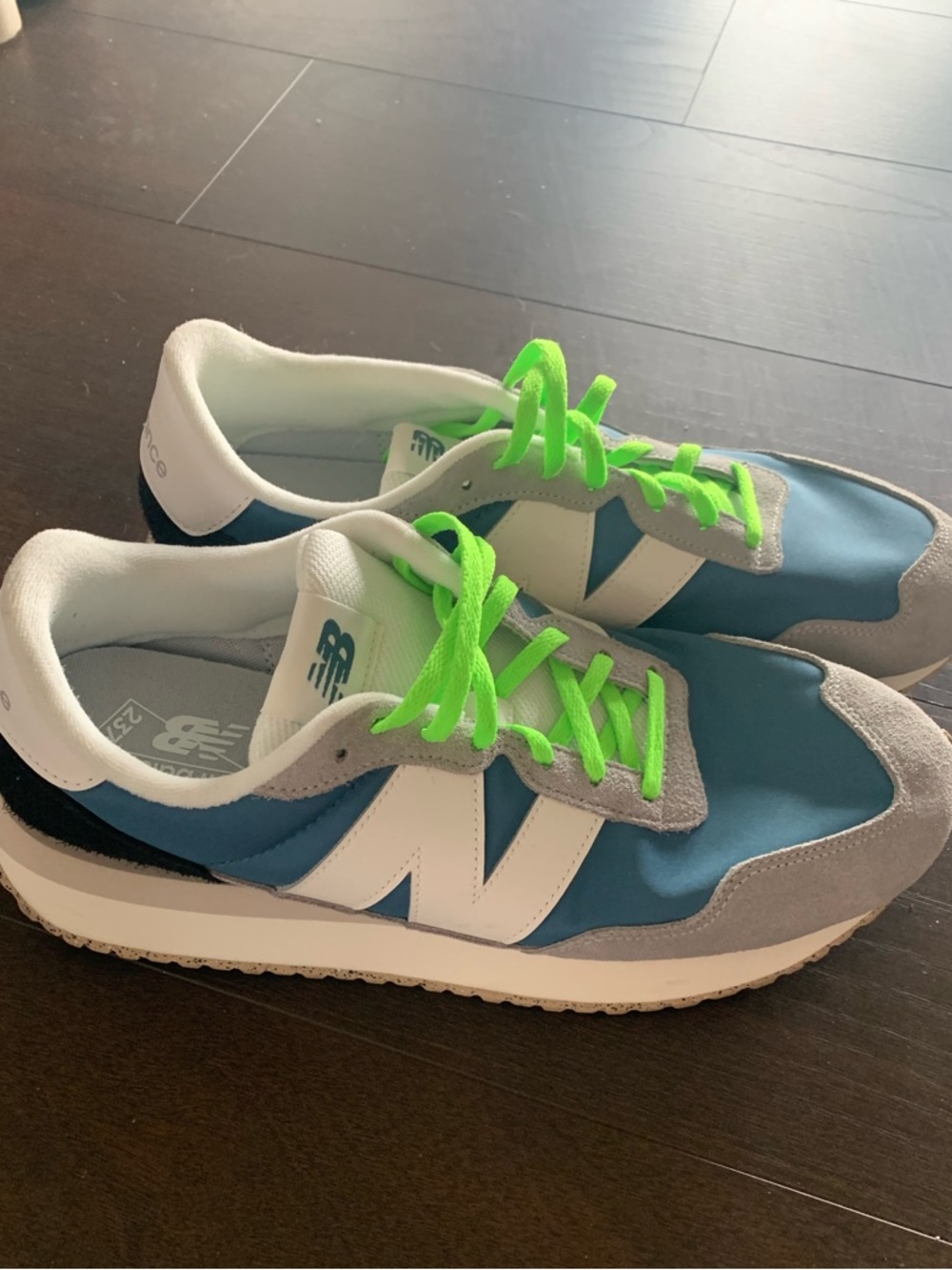 RARE New Balance 237 Mens Blue & Gray Sneakers with Neon Green Laces